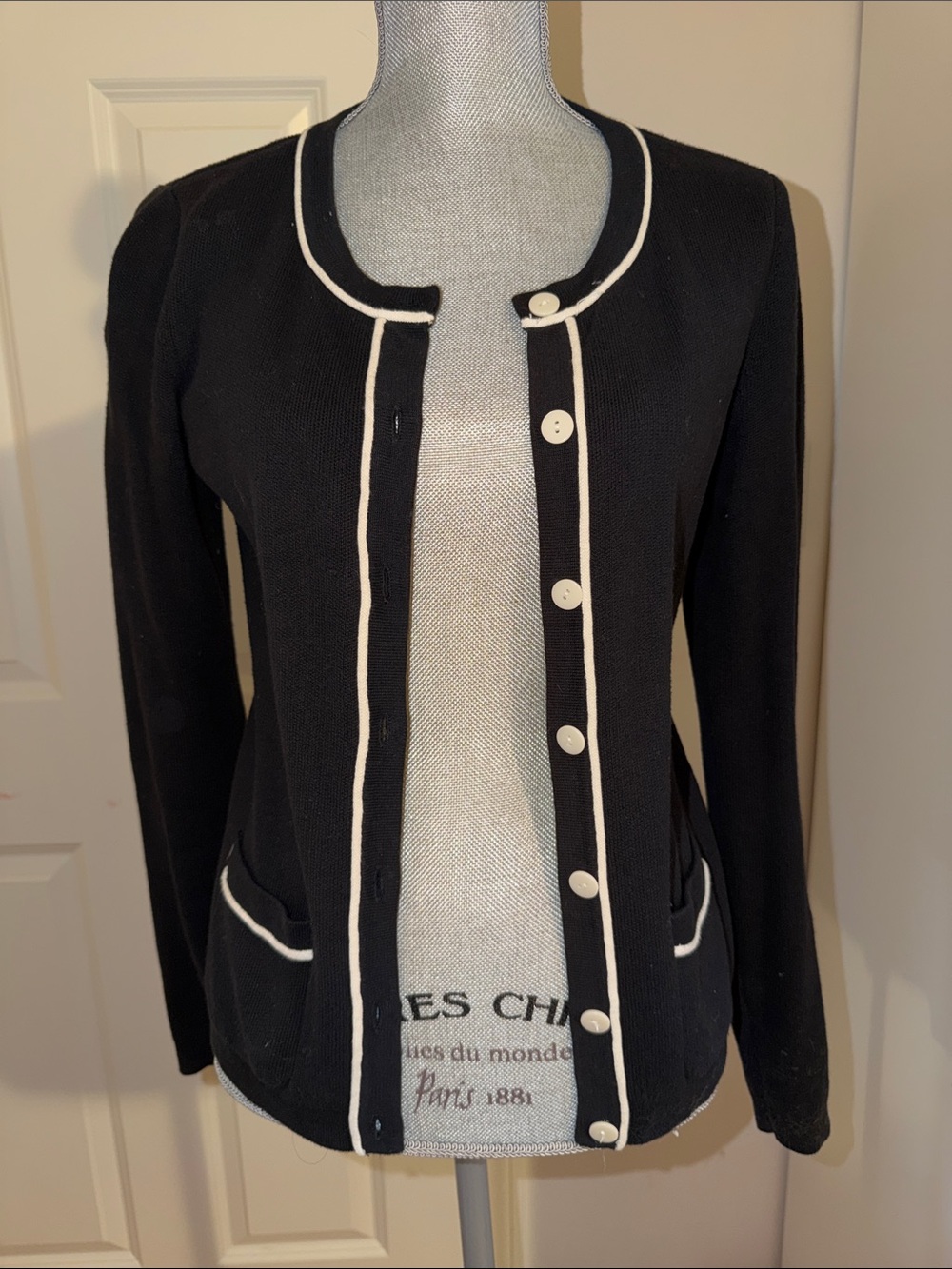 Ann Taylor Classic Black Knit Cardigan with White Trim